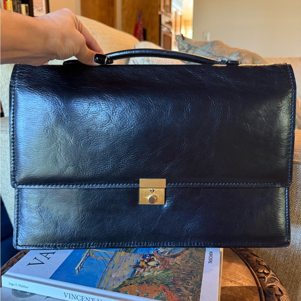 Vintage Frank Saliba Black Leather Briefcase with Gold Hardware
